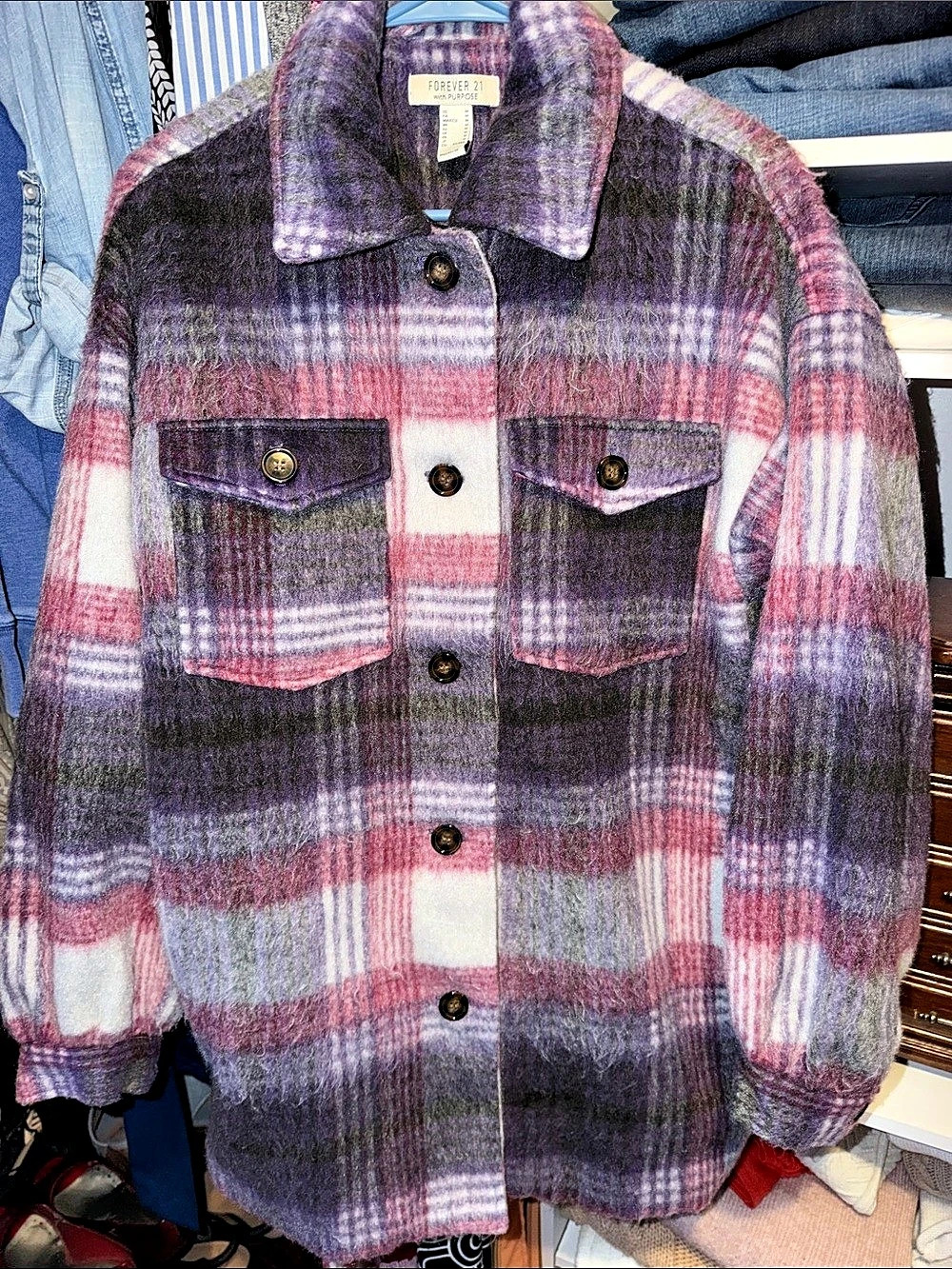 Forever 21 Plaid Shirt Jacket in Purple & Pink Size Medium